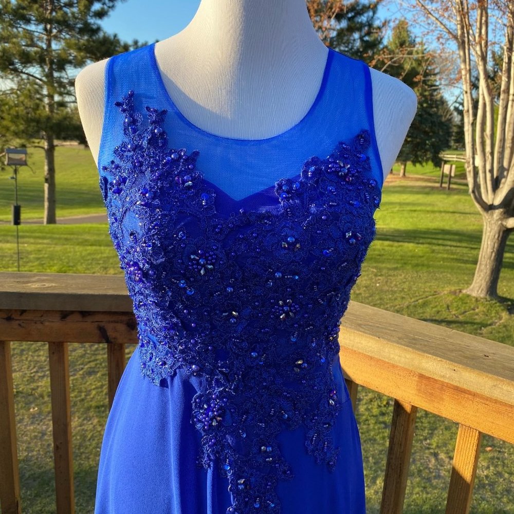 Formal Prom Long  Dress Blue Beaded Mesh 4 - Picture 3 of 12